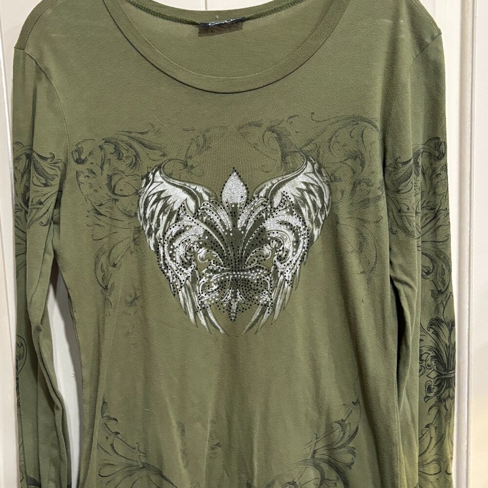 Vintage Angel Motif on Front AND Back Awesome Tee Shirt Women's Olive Green